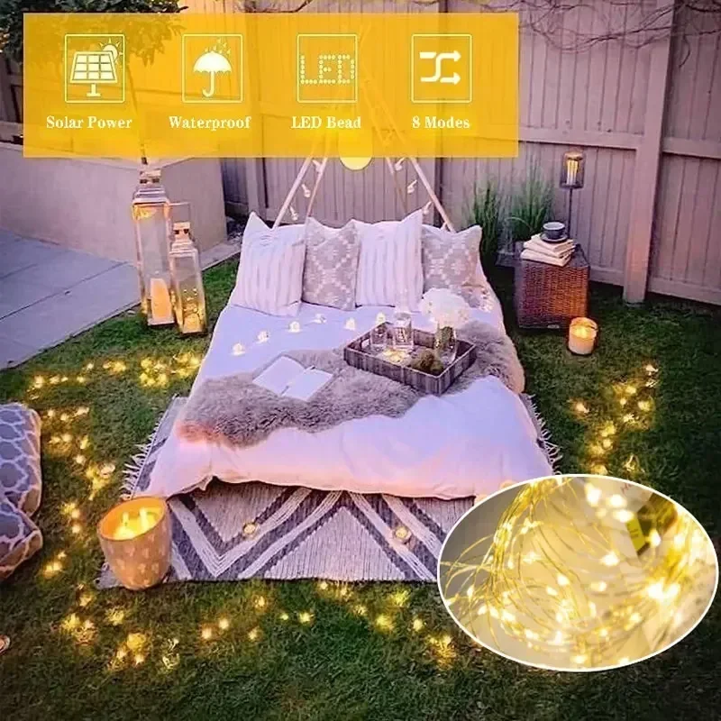 8 Modes Solar LED Copper Wire String Lights Outdoor Wedding Party Garland Fairy Light Solar Camping Garden Tree Room Decoration