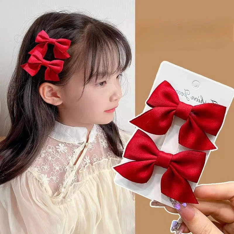 2Pcs/Set Kids Red Bows Hair Clips for Baby Girls Handmade Ribbon Bowknots Hairpins Barrettes New Year Christmas Hair Accessories