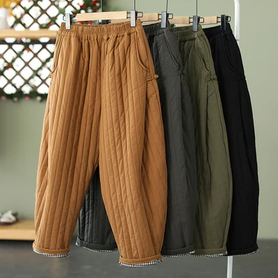 Thiened Cotton Autumn Winter Pants for Women Vintage Button Harlan Trousers plus Size Warm Long Pants High Waist Lantern Pants