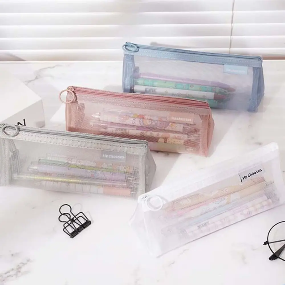 

Nylon Mesh Pencil Case Retro Color Triangle Transparent Bills Bag Cosmetic Bag Storage Bag Zipper Stationery Bag Student