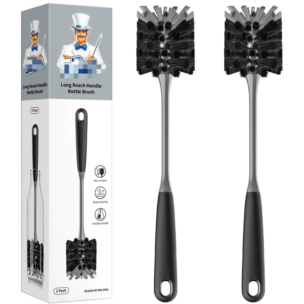 Flexible Long Handle Bottle Cleaning Brush for Water Bottles, Glassware, and Mugs, 2-Pack, Black