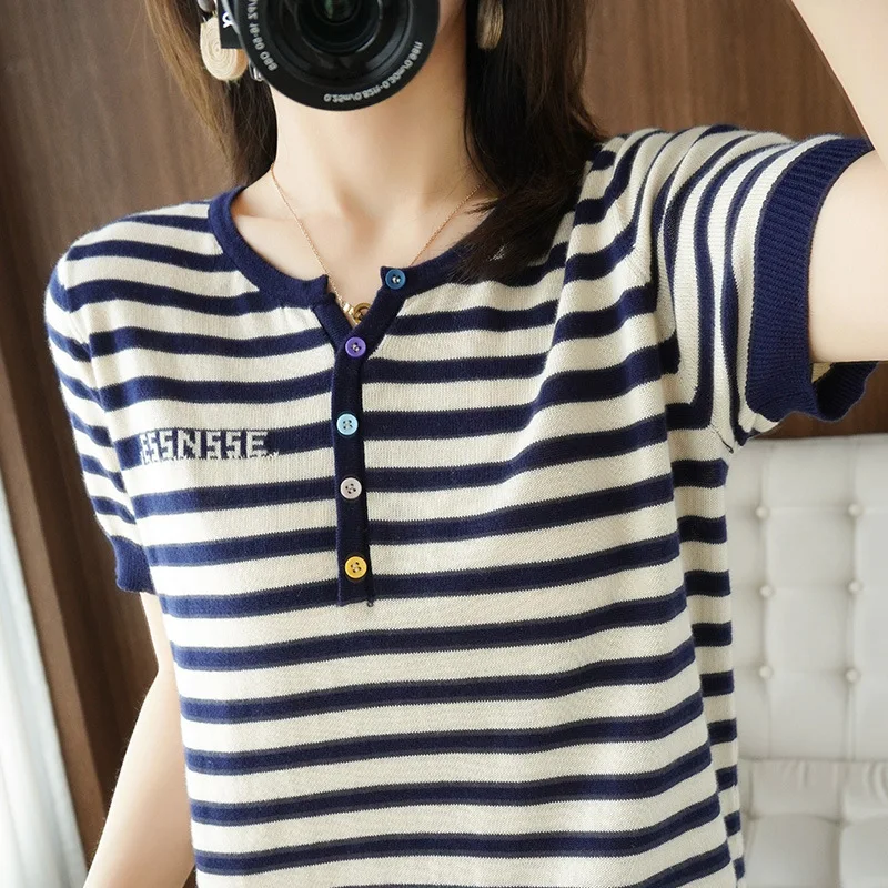 LDZWSM Casual Patchwork Striped Button Decorate T-shirt Women Long Sleeve Half Open Collar Knitting Fashion All-match Top