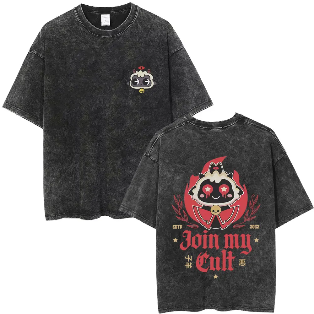 

Washed Vintage Game Cult of The Lamb Graphic T-shirt Men Women Funny Cosplay Short Sleeve T-shirts Unisex Casual Cotton T Shirts