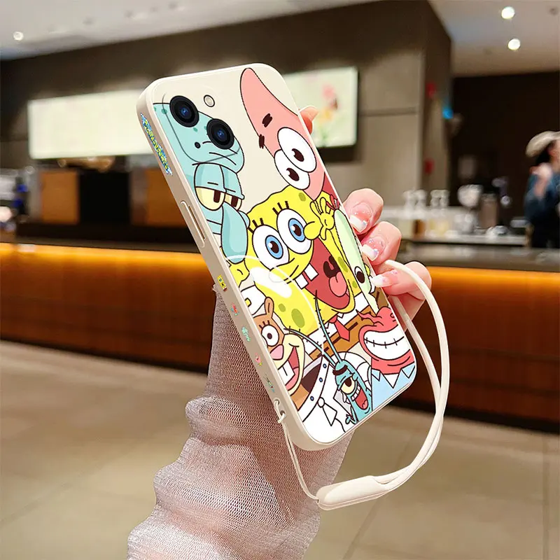 Cartoon SpongeBobs Best Friends Phone Case For iPhone 15 14 13 12 11 Pro Max Mini X XR XS SE 2020 8 7 Plus 6S Plus With Lanyard