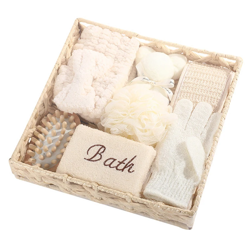 1 Set Spa Gift Cute Bear Basket Bathing Skin Cleaning Kit Spa Gift For Women Sisal Bath Flower Kit Back Scrubber Gloves Massager