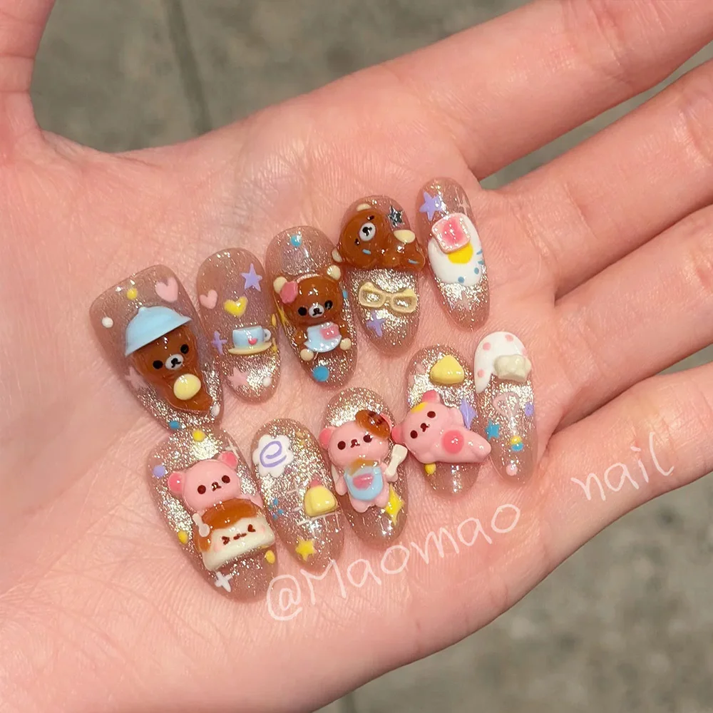 Cute Cartoon Bear Rilakkuma Dot Star Glitter Press-On Nails Heart Flower Musical Note Bow Ellipse Fake Nail Party Accessories view 5
