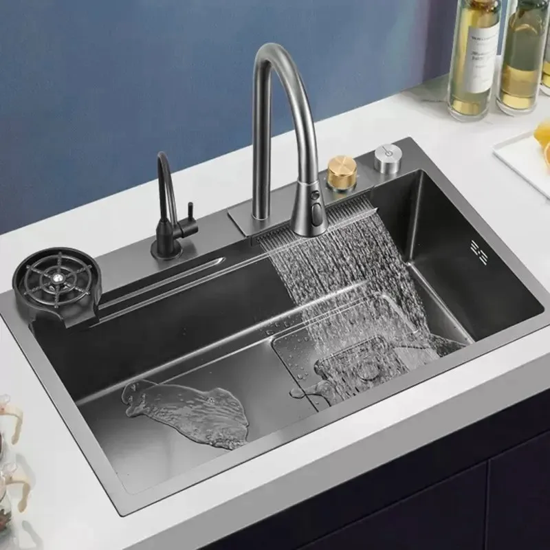 Multifunction 304 Stainless Steel Kitchen Sink Faucet Modern Black Waterfall Rainfall Single Bowl Set