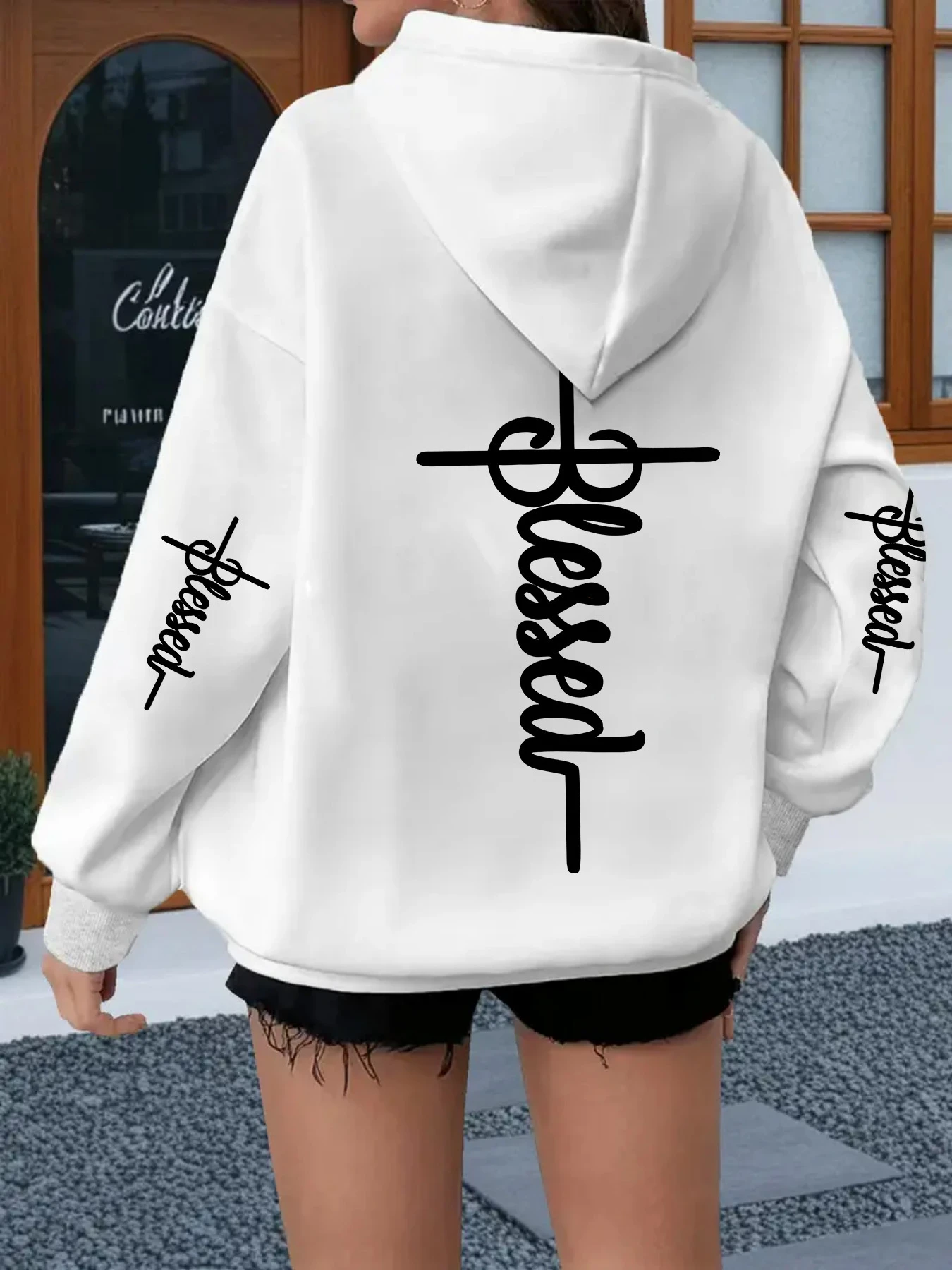 Women's Trendy Pocketless Hooded Sweatshirt with Heart Element Print and Multi-Print