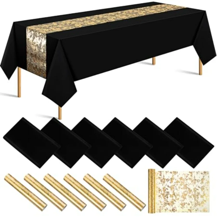 

12 Pcs Polyester Rectangle Tablecloth 60 x 102'' and Sequin Gold Table Runner Waterproof Black Decorative Fabric Set for Christ