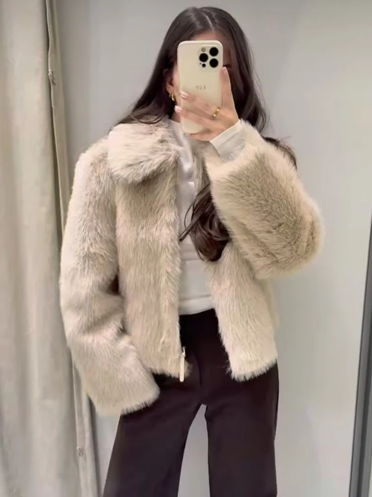 

HH уличный стиль модная женская куртка с эффектом искусственного меха зимняя элегантная куртка с воротником-молнией с лацканами женский теплый кардиган из искусственного меха пальто