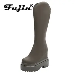 Fujin 12cm Natural Cow Genuine Leather Platform Wedge British Knee High Mid Calf Boots ZIP Winter Women Plush Warm Ladies Shoes