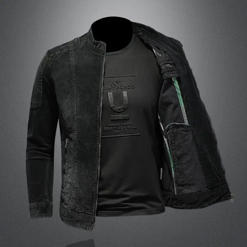 Nouvelle veste en jean hommes lâche décontracté col montant fermeture éclair moto veste rétro mode hommes veste streetwear vêtements pour hommes