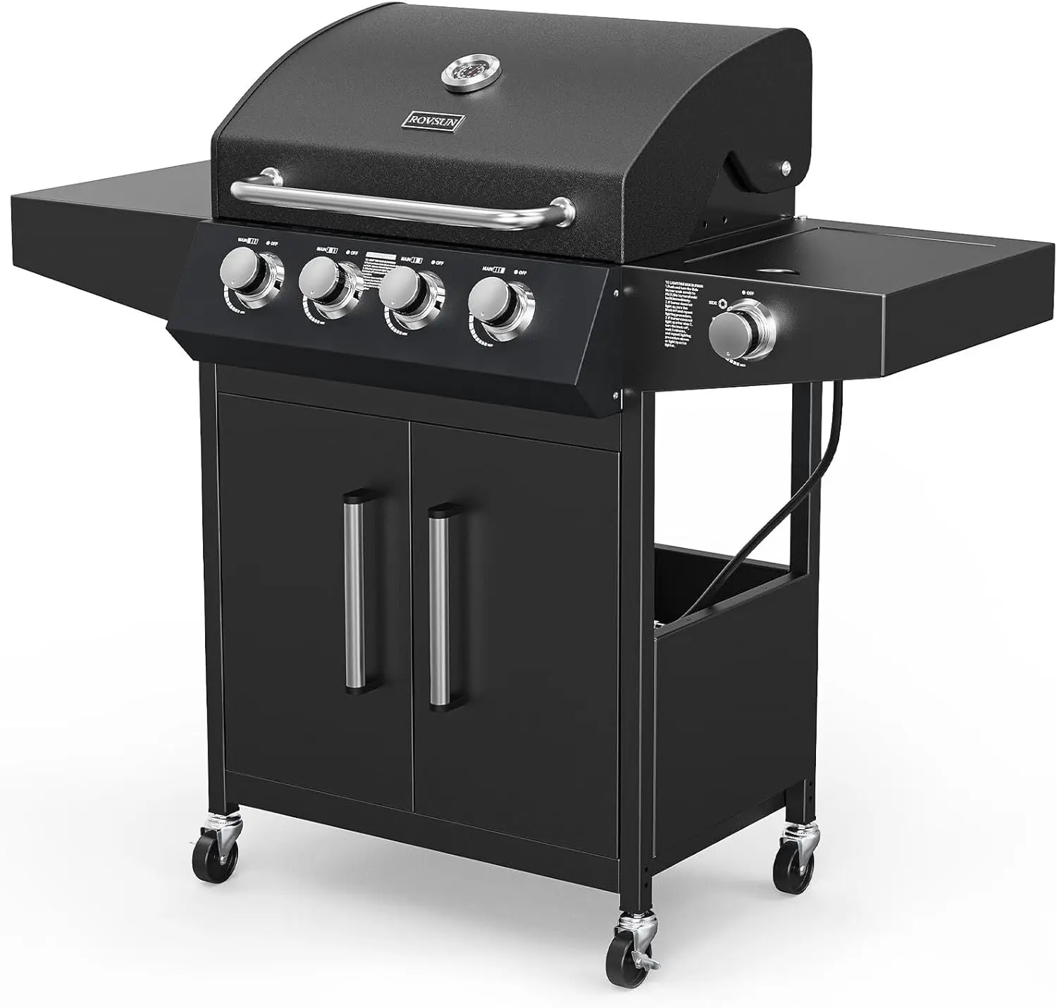 4-Burner Propane Gas BBQ Grill with Side Burner & Enameled Cast Iron Grates, 58,000 BTU Barbecue Grill with Wheels for Outdoor