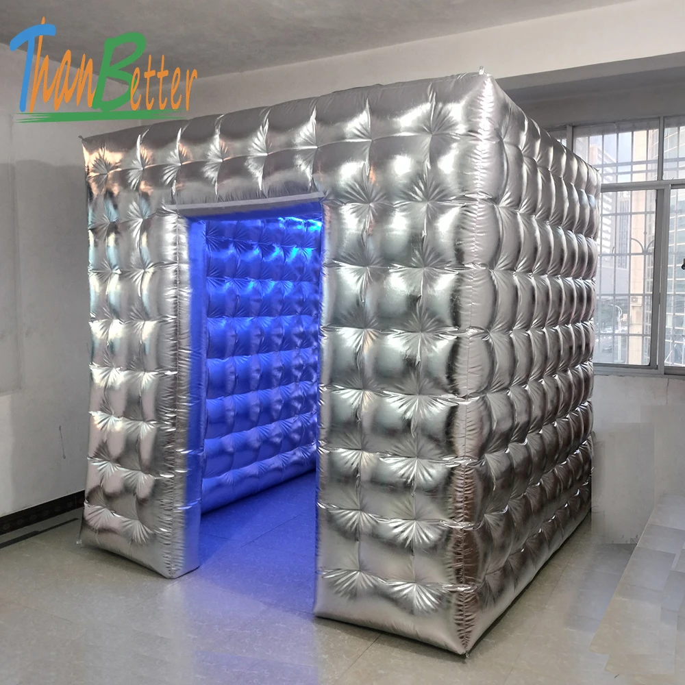 Gouden Zilveren 2-deurs LED-verlichte opblaasbare fotobooth tent, achtergrond, cabine voor feestelijke bruiloften en partijen