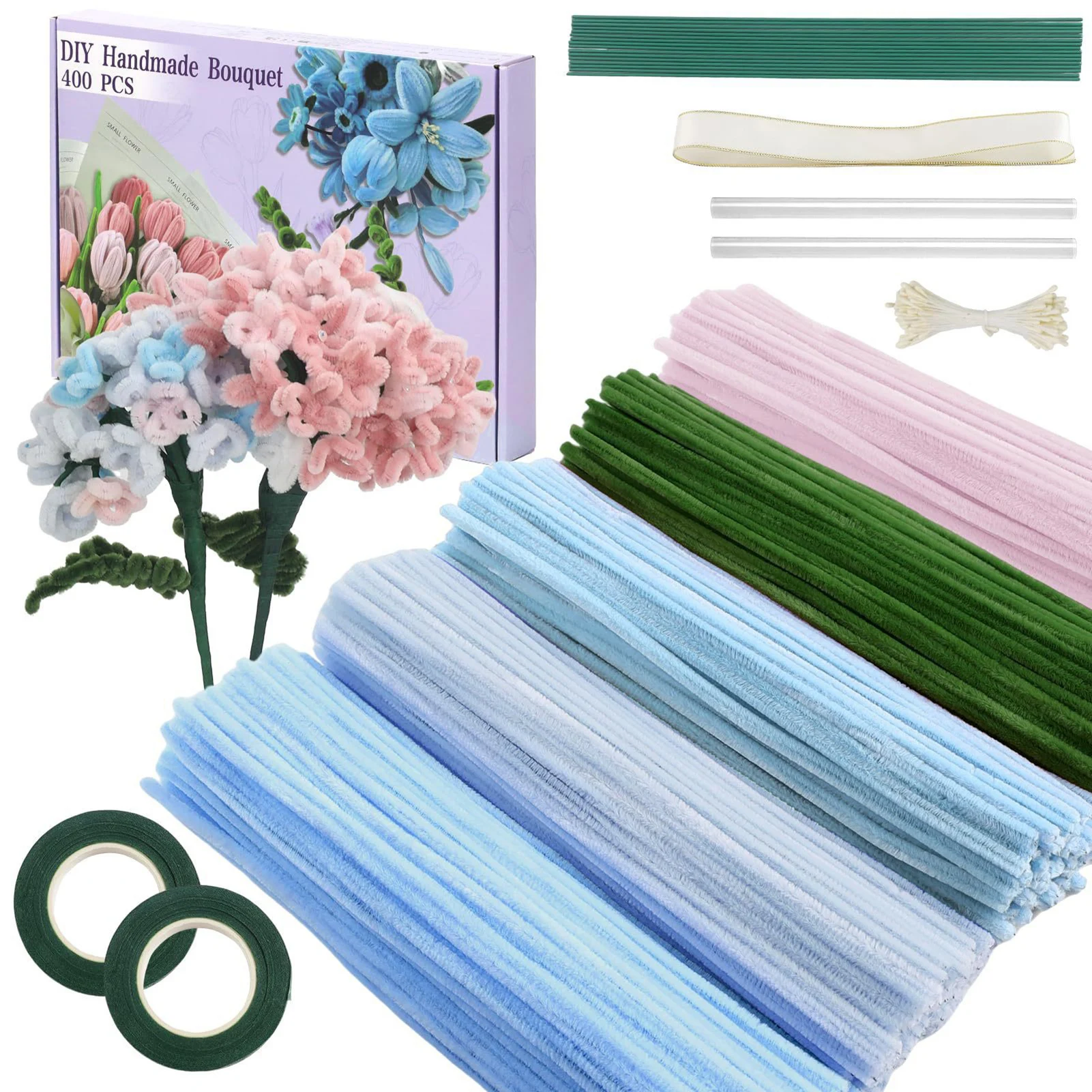 DIY handgefertigtes Blumen-Bastelset für Heimdekoration, Simulationsblumen mit gebogenen Drahtstielen für Party- und Hochzeits-Mittelstücke