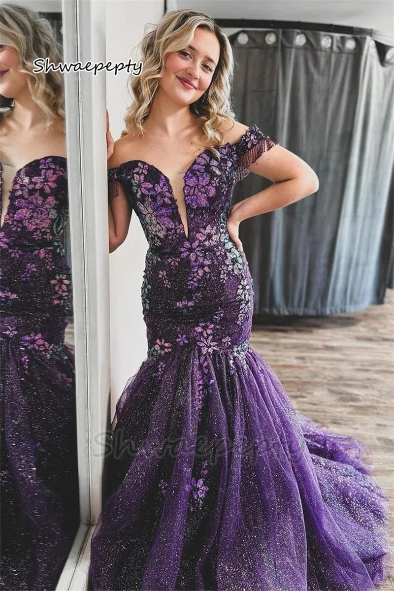 

Off Shoulder Purple Mermaid Evening Dress Appliques Glitter Sequins Tulle Prom Birthday Party Gowns Court Train Customized