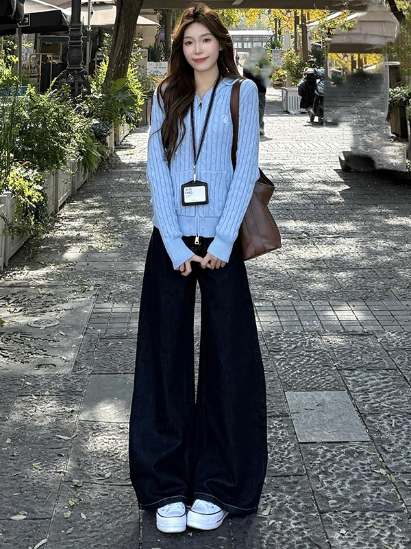 High Waist Wide Leg Denim Blue Jeans Women's Autumn Winter New Loose Straight Floor-Length Pants Retro Sle Casual Faion