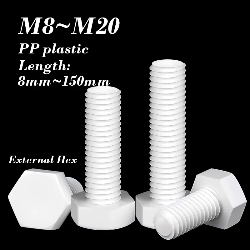 2~10 Pcs Polypropylene Insulated Plastic Hex Bolt M8 M10 M12 M14 M16 M20 PP Hex Head Screw for Heat/Electricity Insulation USE