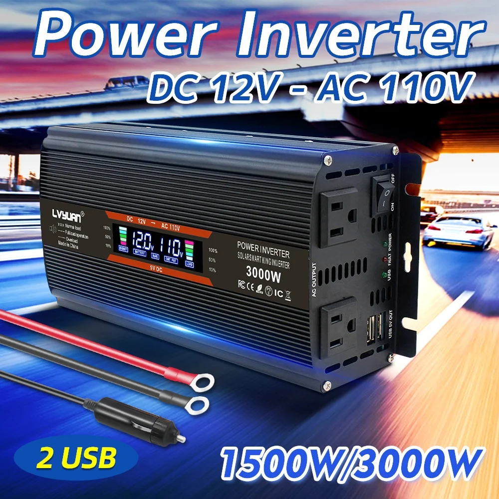 

1500W/3000W Inverter Modified Sine Wave Inverter DC12V to AC 110V Outdoor Working Power Converter With LCD Display