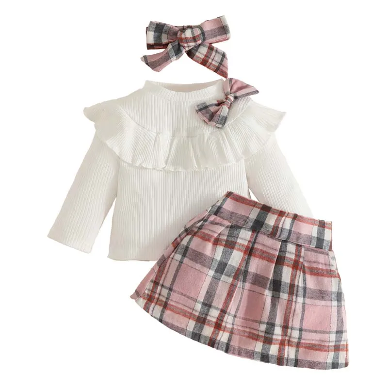 

Autumn 1-3Years Fashion Baby Girl Sets Ruffled Bow Top With Long Sleeves Classic Plaid Skirts+Headband Outfits Baby Girl Clothes