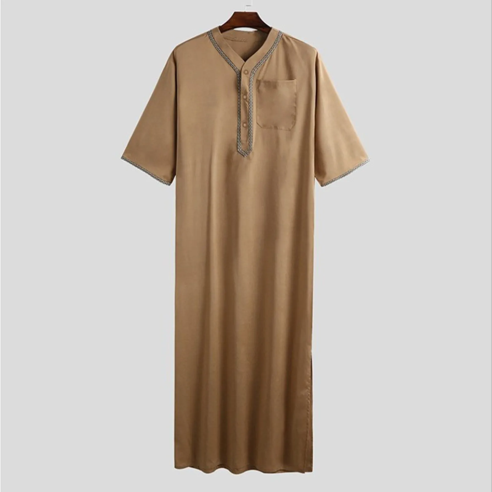 Homens muçulmanos jubba thobe cor sólida botão quimono médio robe saudita musulman camisa gola árabe islâmico kaftan masculino abaya