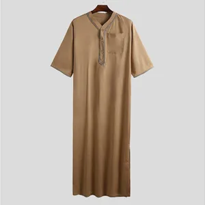 Homens muçulmanos jubba thobe cor sólida botão quimono médio robe saudita musulman camisa gola árabe islâmico kaftan masculino abaya 8 principais vendas roupa masculina de dubai - №7