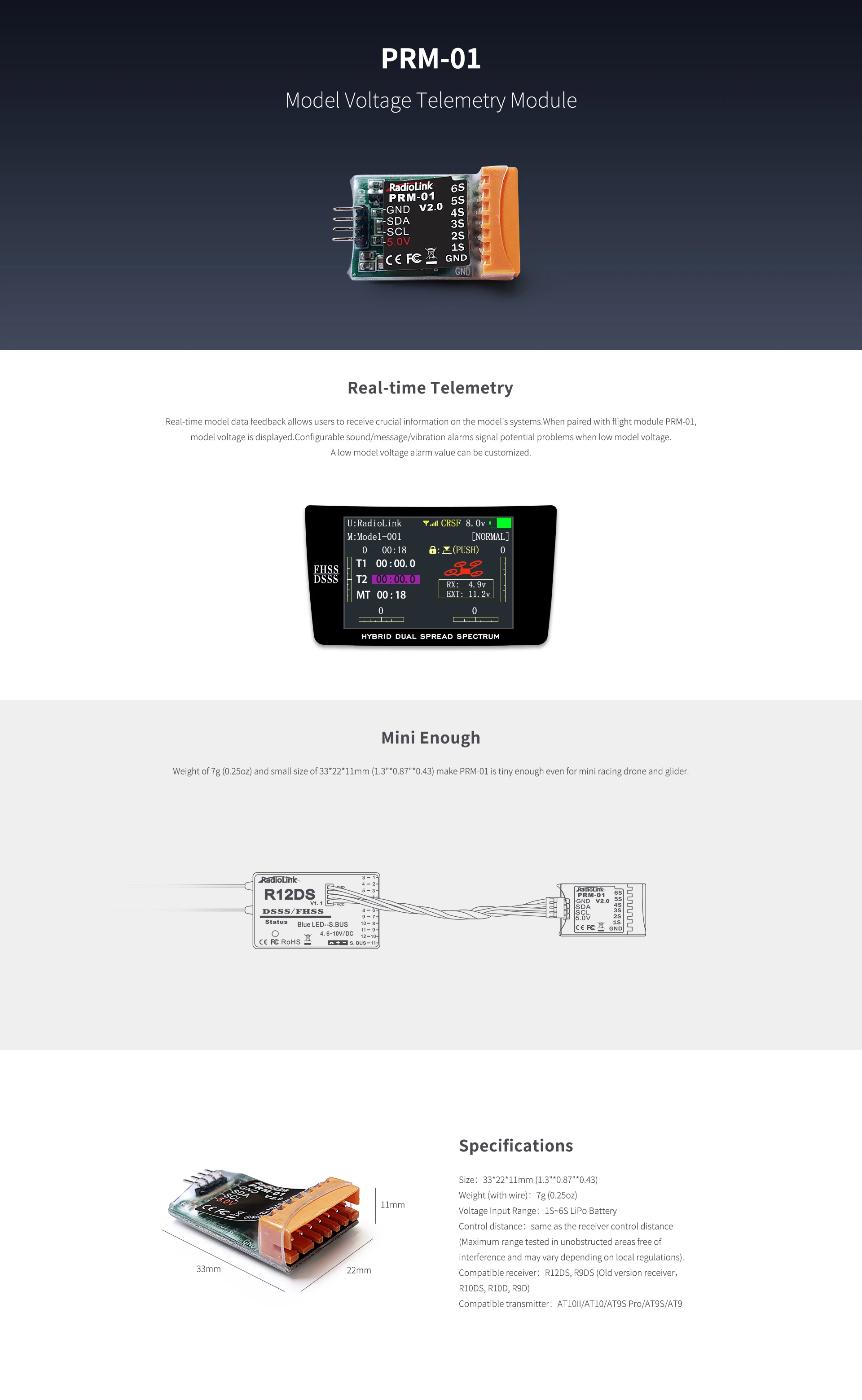 Radiolink PRM-01 PRM-03 OSD Data/Voltage/Information Feedback Module GPS Height Speed and Voltage for AT9 AT9S Pro AT10 AT10II