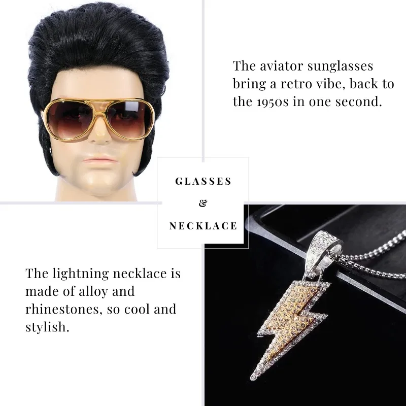 4pcs 50s Rocker Costume Set - Elvis Presley Style Wig with Sunglasses & Necklace - Adult Men's Halloween Cosplay Party Outfit