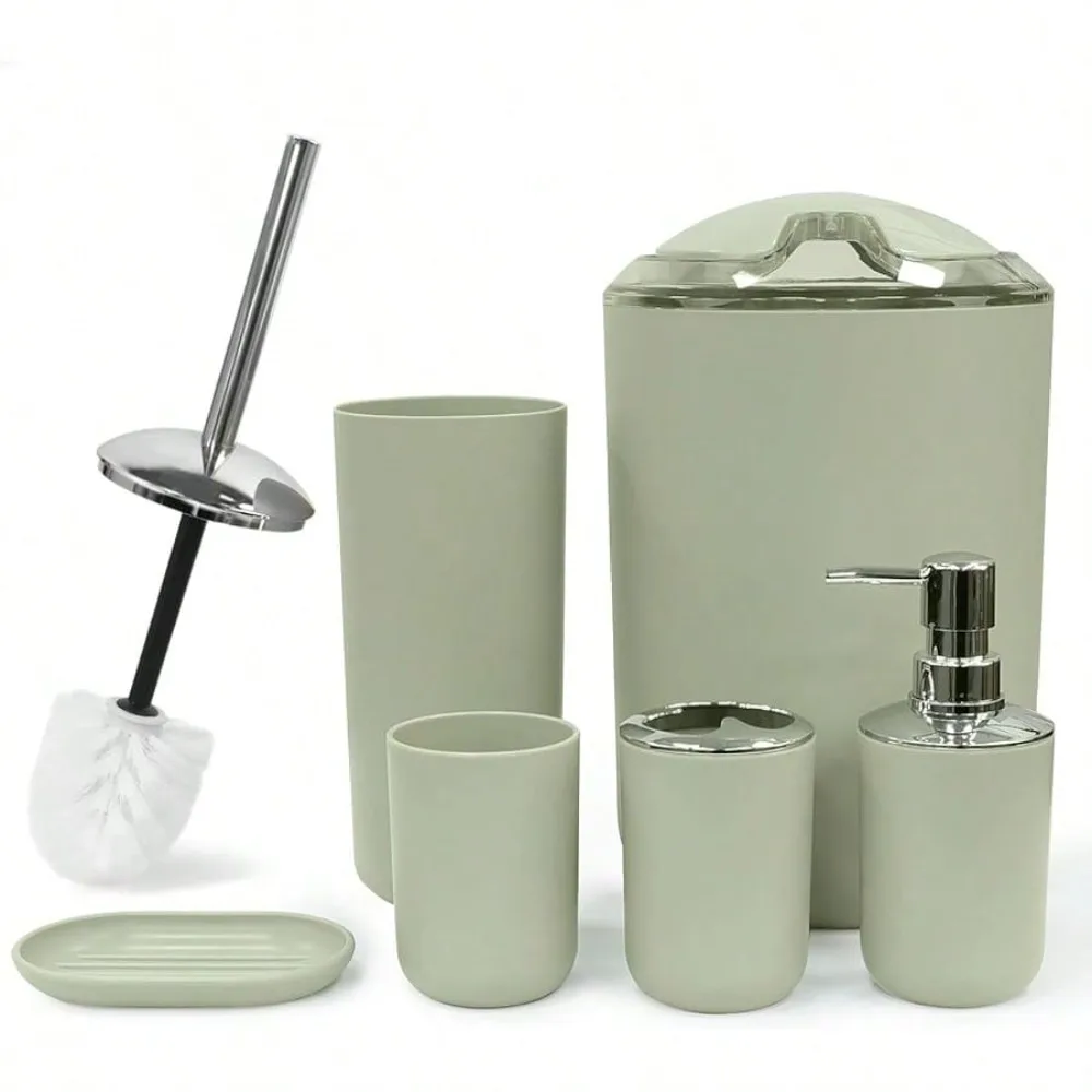 

Набор аксессуаров для ванной комнаты из 6 предметов: дозатор для мыла, подставка для зубных щеток, стакан для зубных щеток, мыло.