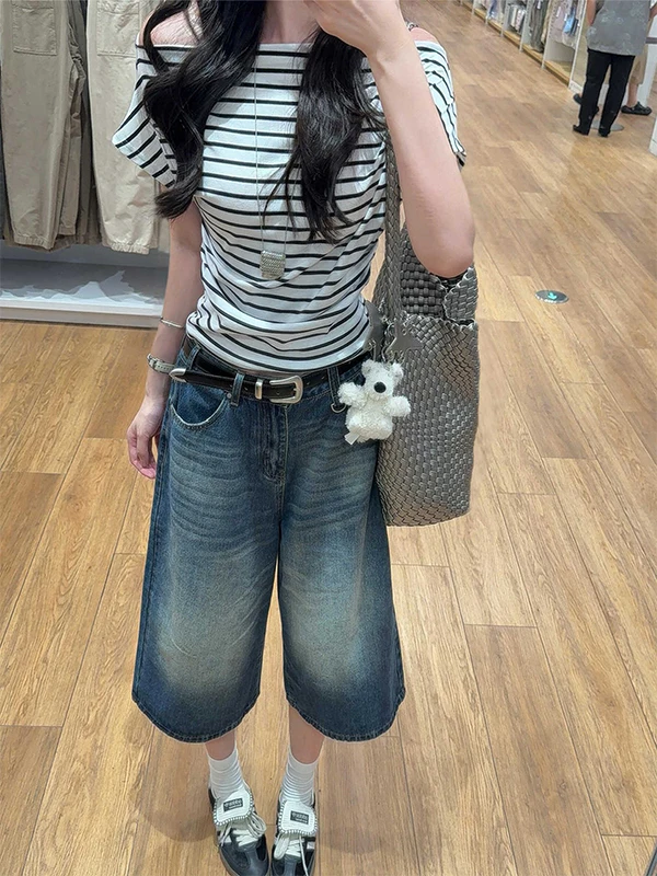 

American Retro Wide Leg Denim Jeans Women's Summer Thin High Waist Loose Small Size Straight Tube Mid-Length Pants