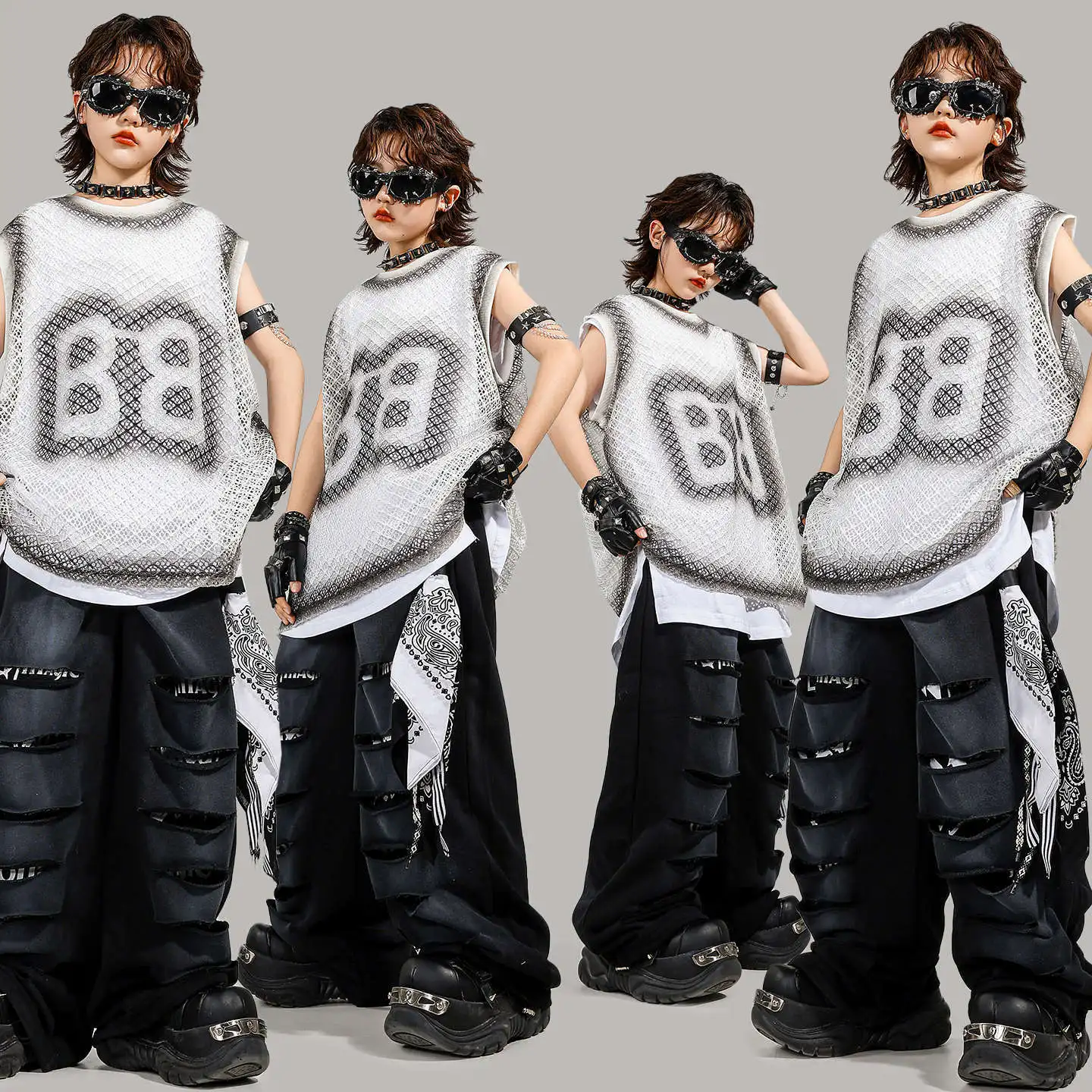 

Kid Kpop Hip Hop Clothing White Net Tank Top Black Casual Wide Distressed Ripped Pants for Girl Boy Jazz Dance Costume Clothes