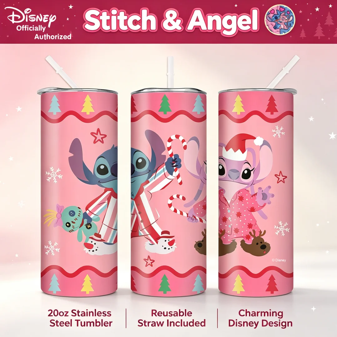1pc 20oz Disney Stitch & Angel Christmas Stainless Steel Tumbler Insulated Travel Mug with Straw Reusable Water Cup For Office