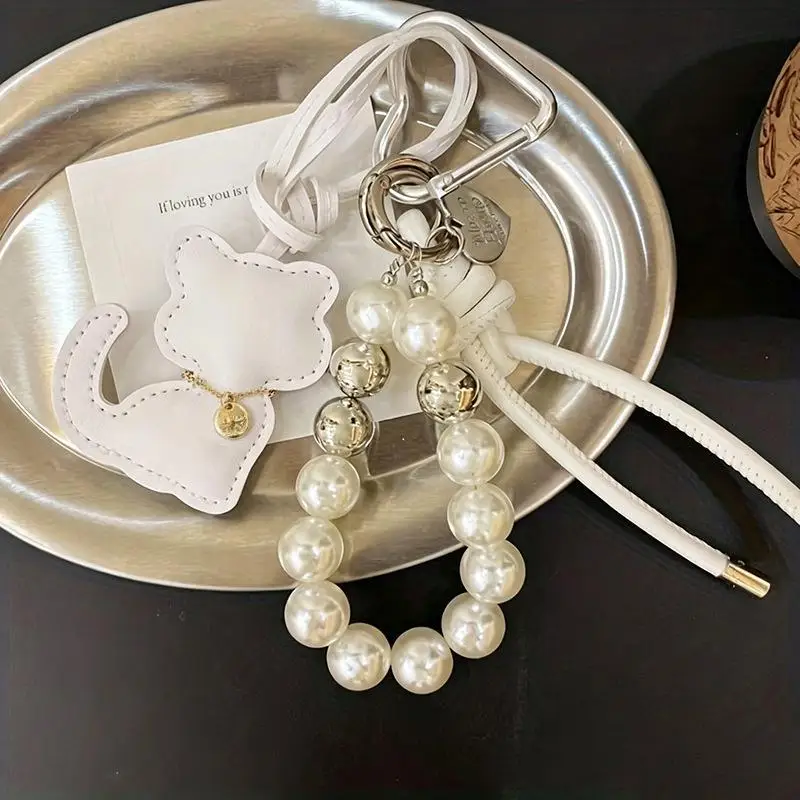 1 Stück Handtaschen-Schlüsselanhänger, Neue Imitationsperlen-Katzen-Handykette, Geschenk, Hängeornament, Anhänger für Frauen und Mädchen – Detail 6