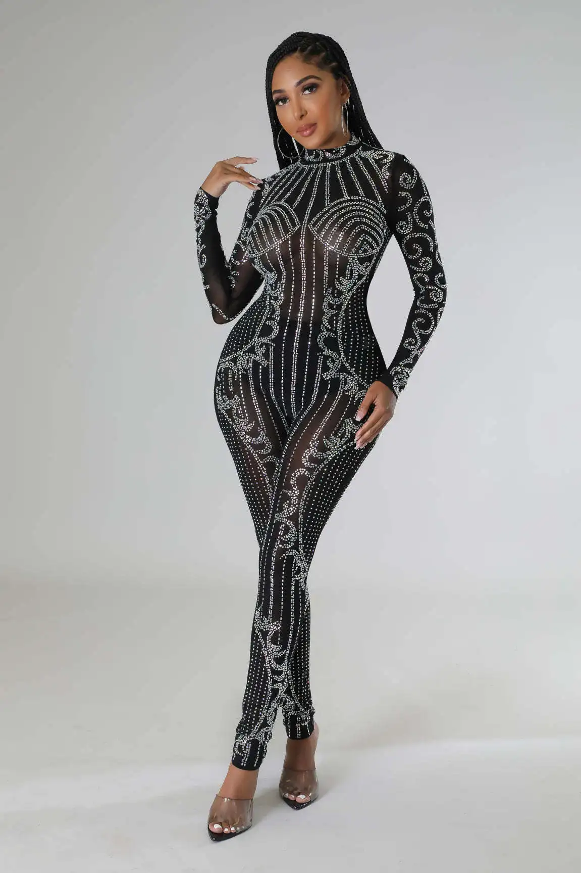 Perspective Hot Diamond Long Sleeve Party Nightclub Jumpsuit