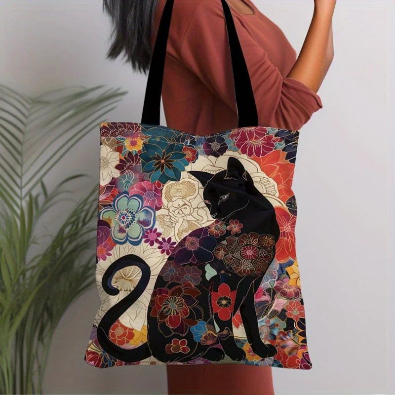 Japanese Cat and Floral Print Tote Bag - Reusable, Sturdy Shoulder Bag for Daily Shopping, Work, and Vacation No Closure