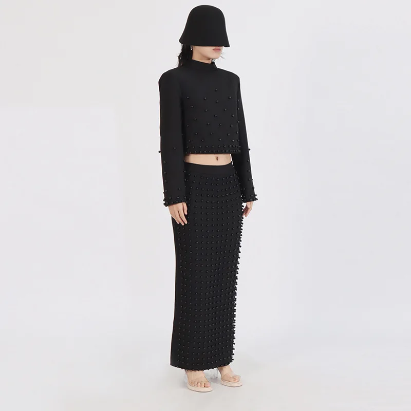 Heavy-duty beaded fashionable short skirt skirt, women's hip-hugging two-piece long-sleeve set
