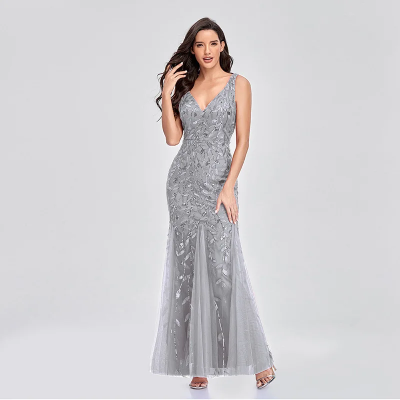 Leaf Sequin Tulle Mermaid Dress Women Sleeveless Deep V Neck Floor Length Formal Evening Wedding Bridesmaid Maxi Gown