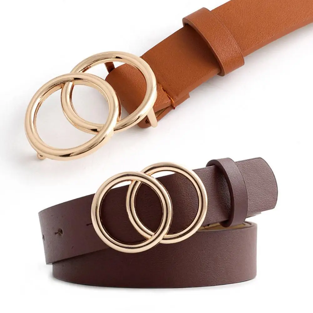 

Double Women Fashion Waist belt PU Leather Metal Buckle Belts for Jeans Dresses Double Round Buckle Girls Ladies Waistband