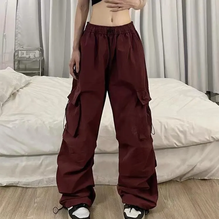 Nylon Quick Dry Work Pants Women's Summer New American Parachute Pants High Waist Wide Leg Casual Drawstring Sports Pants