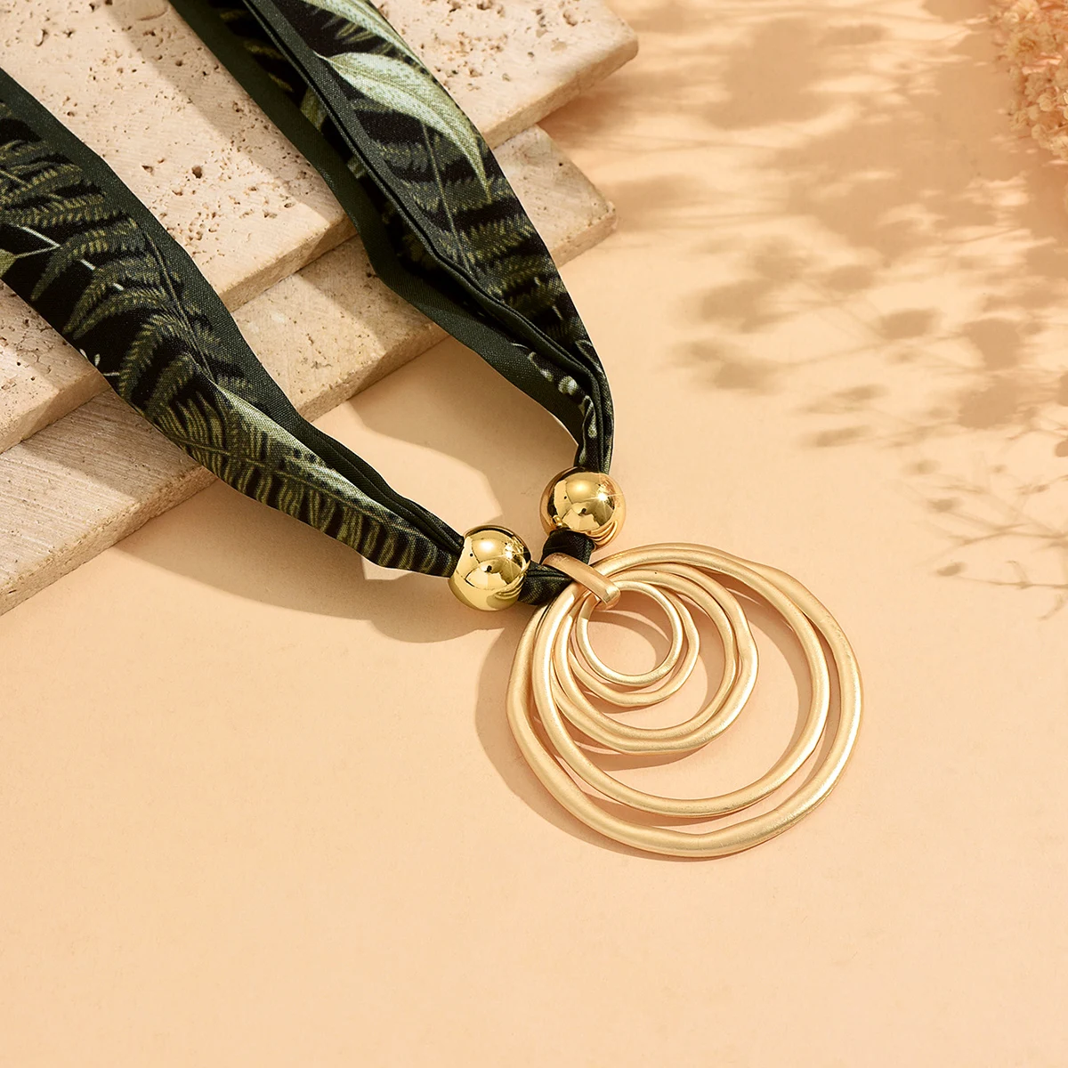 Women Leaf Print Silk Scarf Necklace Gold Multi Layer Circle Pendant Choker Minimal Modern Office Daily Statement Jewelry view 6