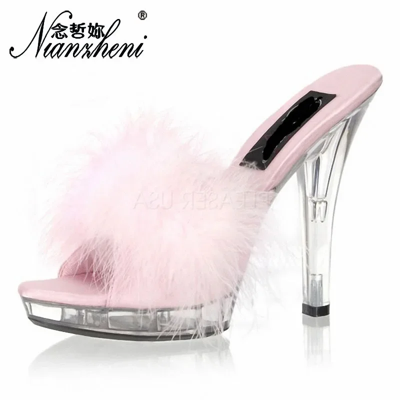 Women slippers High Heels 13CM Stripper Shoes Plump Feathered Crystal Shoes Hot Sexy Platform Women's Sandals