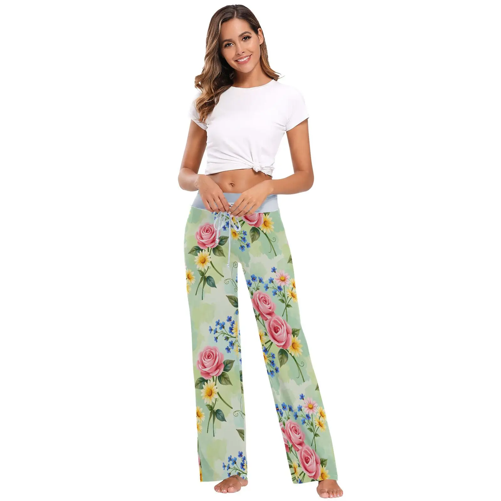 Pantaloni lunghi da donna con fondo per il sonno con coulisse, taglia ampia, pigiama per la casa, stampa rosa, pantaloni casual, moda primavera estate, indumenti da notte