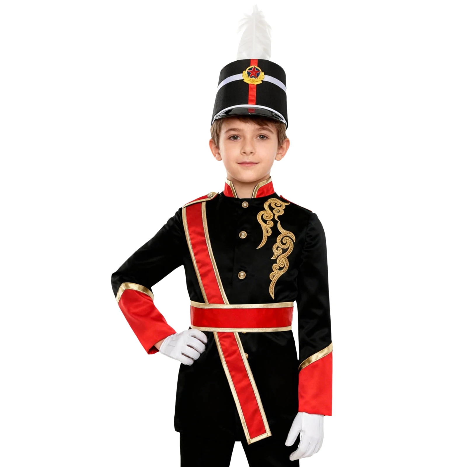 Disfraz de banda de marcha de baterista de Halloween, chaqueta de lentejuelas con cinturón, sombrero ceremonial, conjunto de sombrero y guantes para equipo de tambor