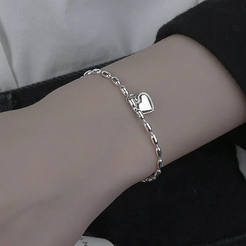 Rice Grain Shape Chain Heart Bracelet Fashionable Women's Silver Plated Jewelry Gift for Girls Ladies 15-18cm