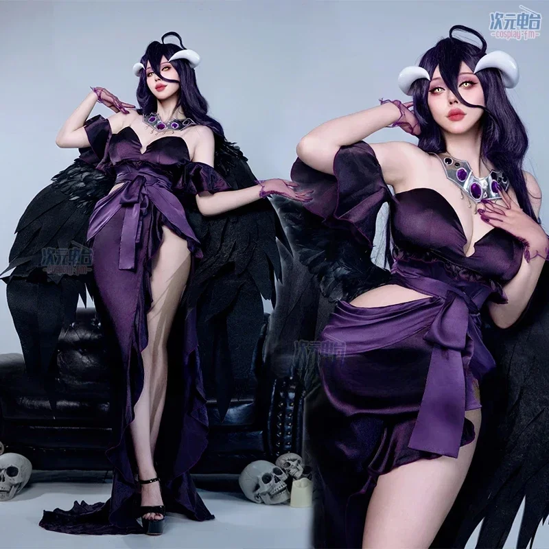 Anime Overlord Season 4 Albedo Cosplay Costume Albedo Evening Party Black Sexy Dress Wig Halloween Uniform Christmas Costume