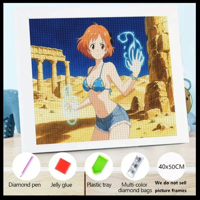 

1PC 5D Full Drill Diamond Painting Kit, Anime Manga Girl Diamond Art Set, Orange Hair Bikini Girl in Desert Ruins with Fantasy M