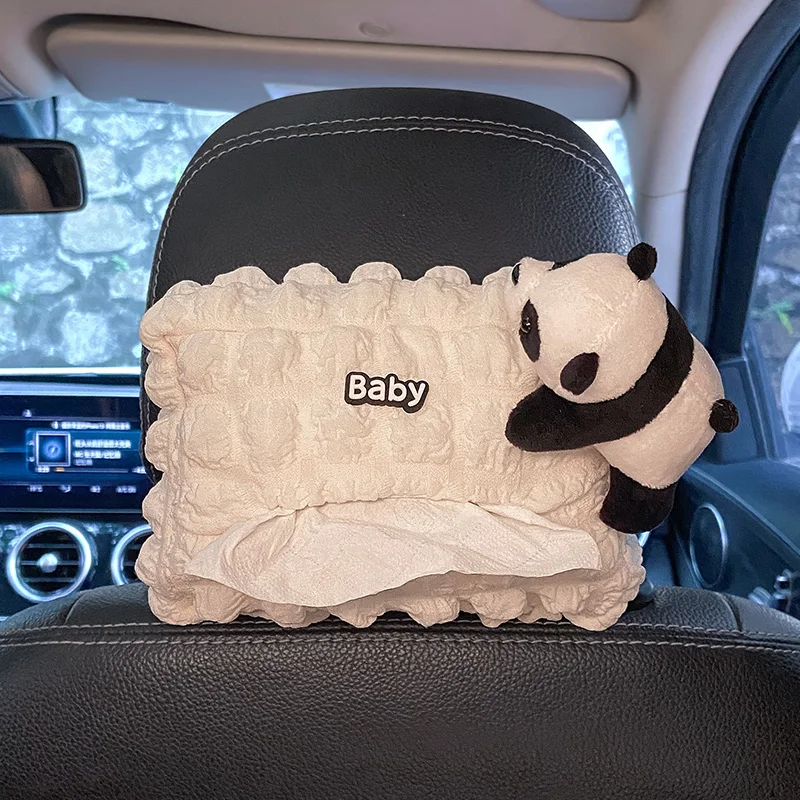 Cute Cartoon Panda Doll Car Tissue Box Hanging Napkin Holder for Car Back Seat Headrest Armrest Paper Organizer Storage Bag
