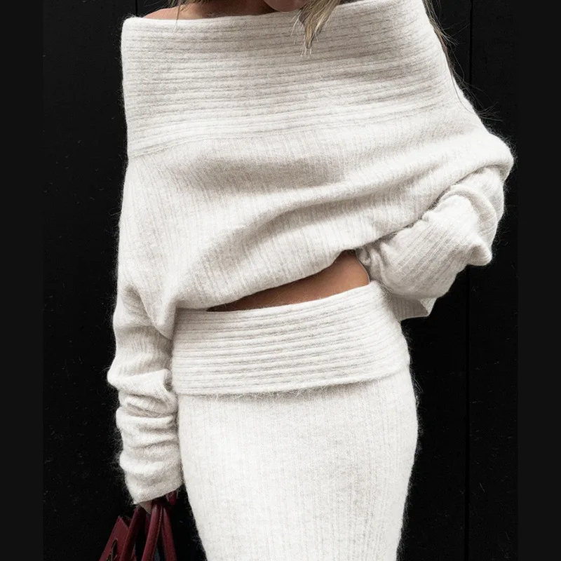 Women\'s Fashion Knitted Skirt Women\'s One Shoulder Long Sleeve Sweater Pullover Elegant Slim Long Skirt Autumn New Style