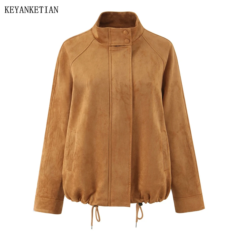 KEYANKETIAN 2026 Spring New Women's Suede Jacket Leisure style Bottom Drawstring Decorative Loose Blazer Zipper Casual Coat