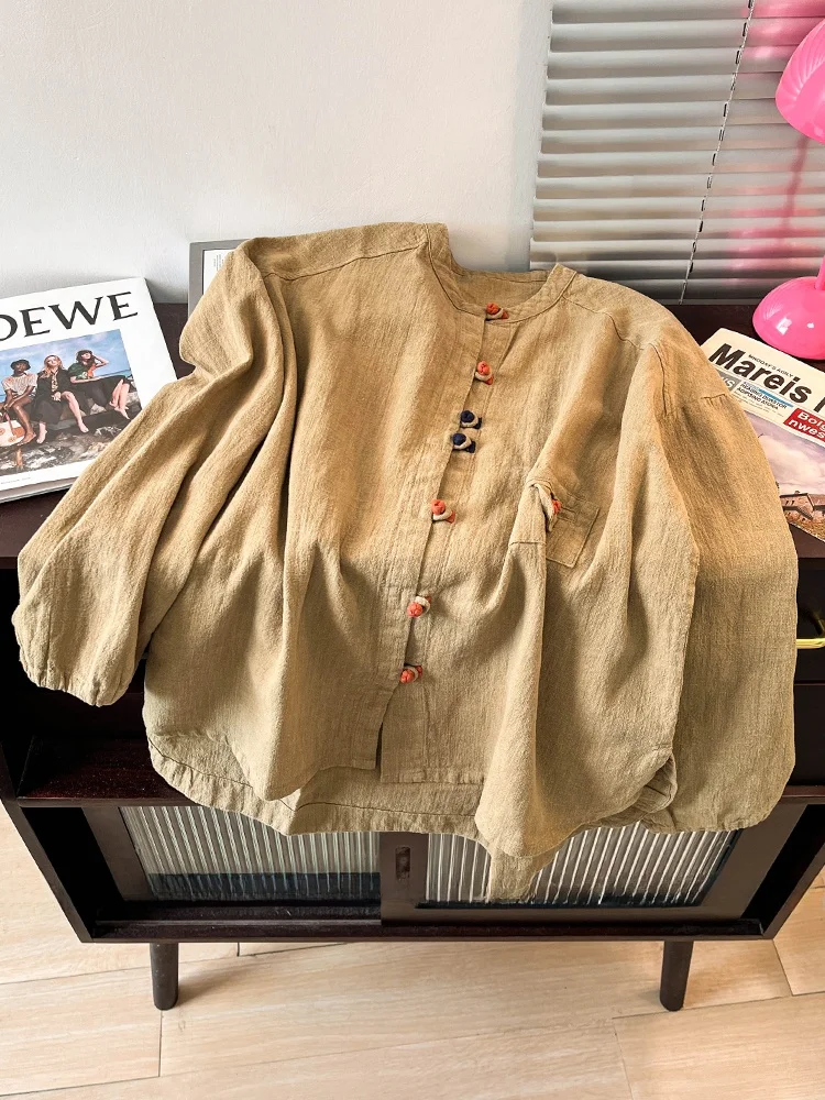 New Chinese Zen Style Long Sleeve Cotton Linen Shirt Women's Retro Button up Coat Loose Fit round Neck Pure Color Top